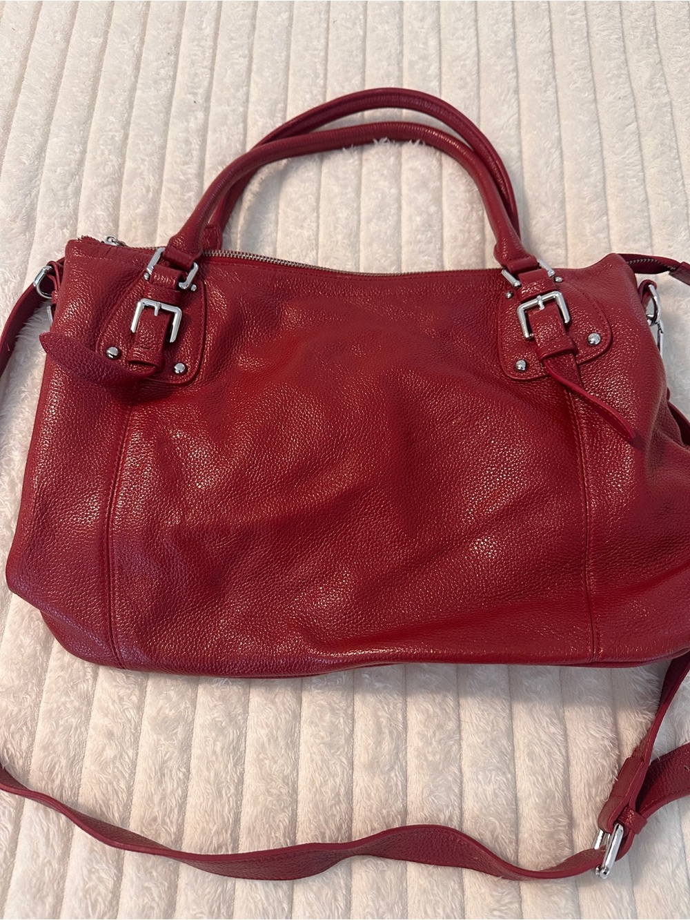 HESHE Pebble Genuine Leather Red Handbag with Top Handles and Strap